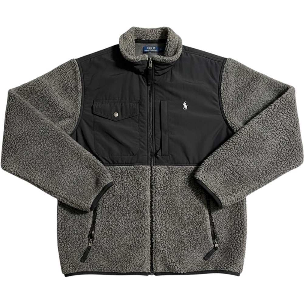 Polo Ralph Lauren Mens Grey Black Sherpa Fleece Hybrid Jacket Large